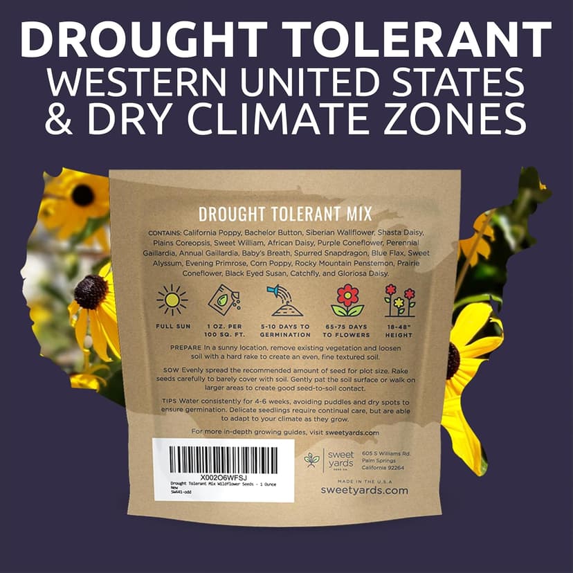 Drought Tolerant Wildflowers Mix – Extra Large Packet – Over 7,500 Open Pollinated Non-GMO Seeds – 21 Different Dryland Species
