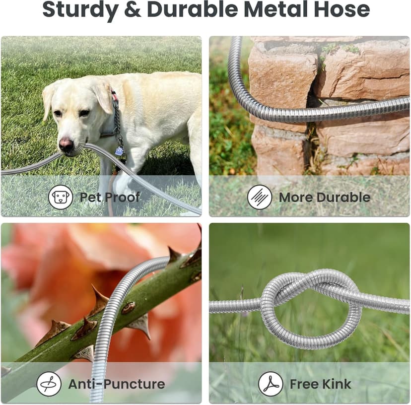 Girafe Tools Garden Hose 100ft x 5/8", 304 Stainless Steel Metal Water Hose, No Kink Garden Water Hose with 9 Pattern Spray Nozzle, Flexible, Lightweight, Kink Free Hose for Yard, Outdoor