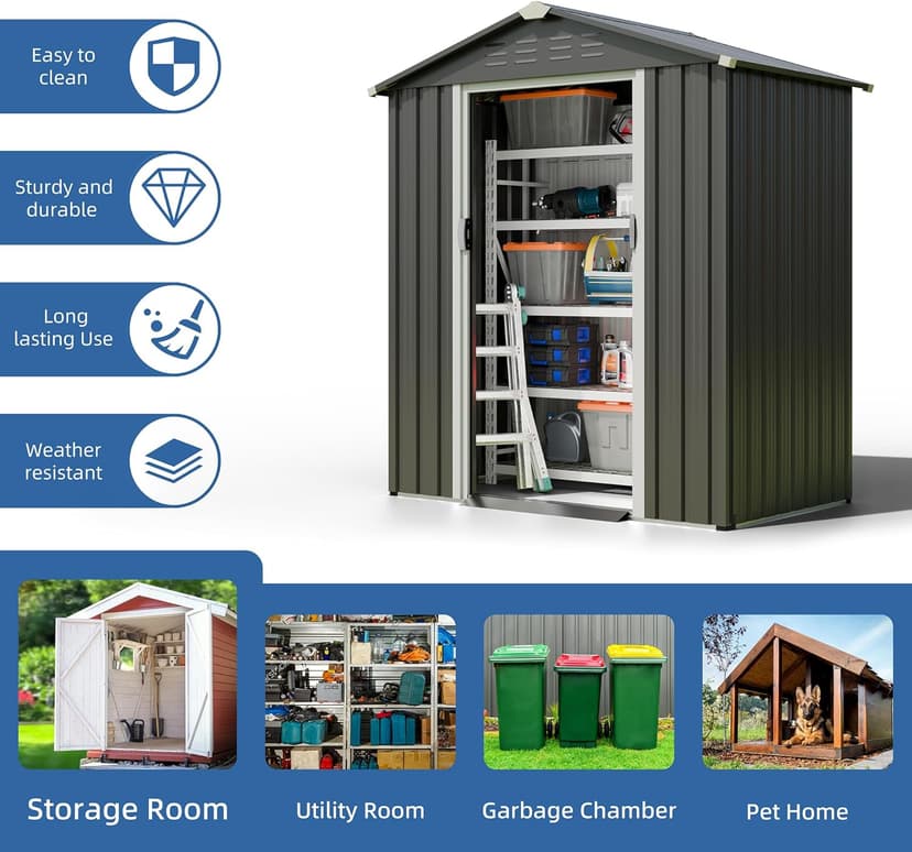 JY QAQA 5x3 FT Metal Outdoor Garden Storage Shed,Waterproof Metal Garden Sheds with Window and Lockable Double Door,Weather Resistant Steel Tool Storage House Shed for,Garden,Patio,Lawn