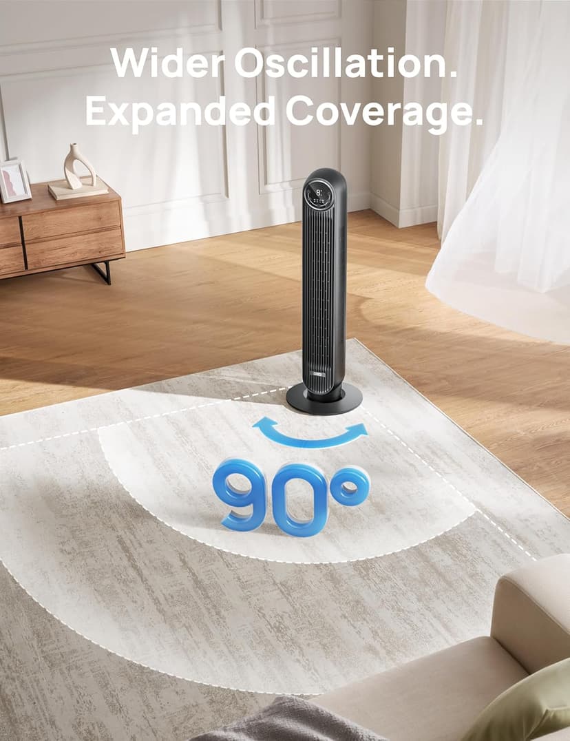 Dreo Tower Fan for Bedroom, 25ft/s Velocity 28dB Quiet Floor Fan, 90° Oscillating Fans for Indoors with 4 Speeds, 4 Modes, 8H Timer, Bladeless Standing Fan, Black, Nomad One (DR-HTF007)
