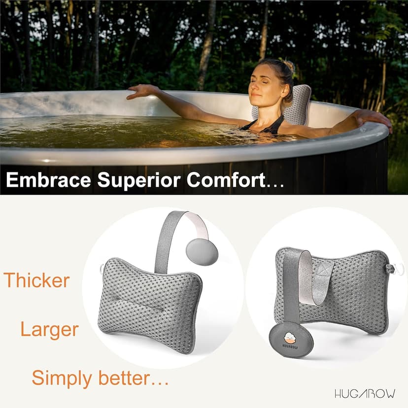 2-Pack Large Pillow for Hot Tub (Grey), Spa, and Chaise Lounge - Universal Headrest & Neck Support Cushion, Adjustable Height with Long Strap, Easy Drying with Hook (2-Pack)
