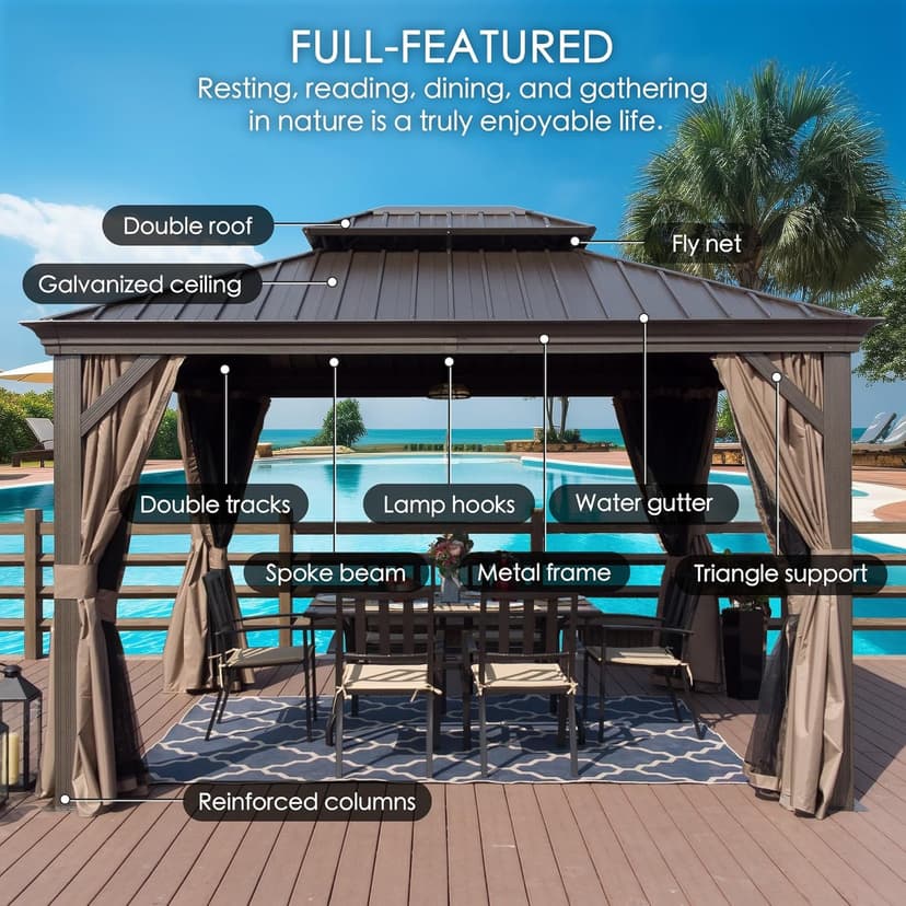 Kozyard Alexander 10' X 12' Hardtop, Aluminum Metal Gazebo with Galvanized Steel Double Roof Canopy, Curtain and Netting, Permanent Pavilion for Patio, Backyard, Deck, Lawn (Brown)