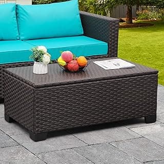 Rattaner Outdoor Storage Table Wicker Patio Coffee Table All-Weather Wicker Side Table with Waterproof Cover, Brown