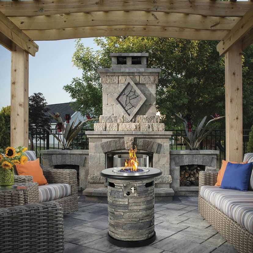Outdoor Gas Propane Fire Pit Table, Round Porcelain Tile Top 22" Fire Bowl Column W/ 40,000 BTU Firepit Table Auto-Ignition 400D Cover Glass Rocks for Outside Patio