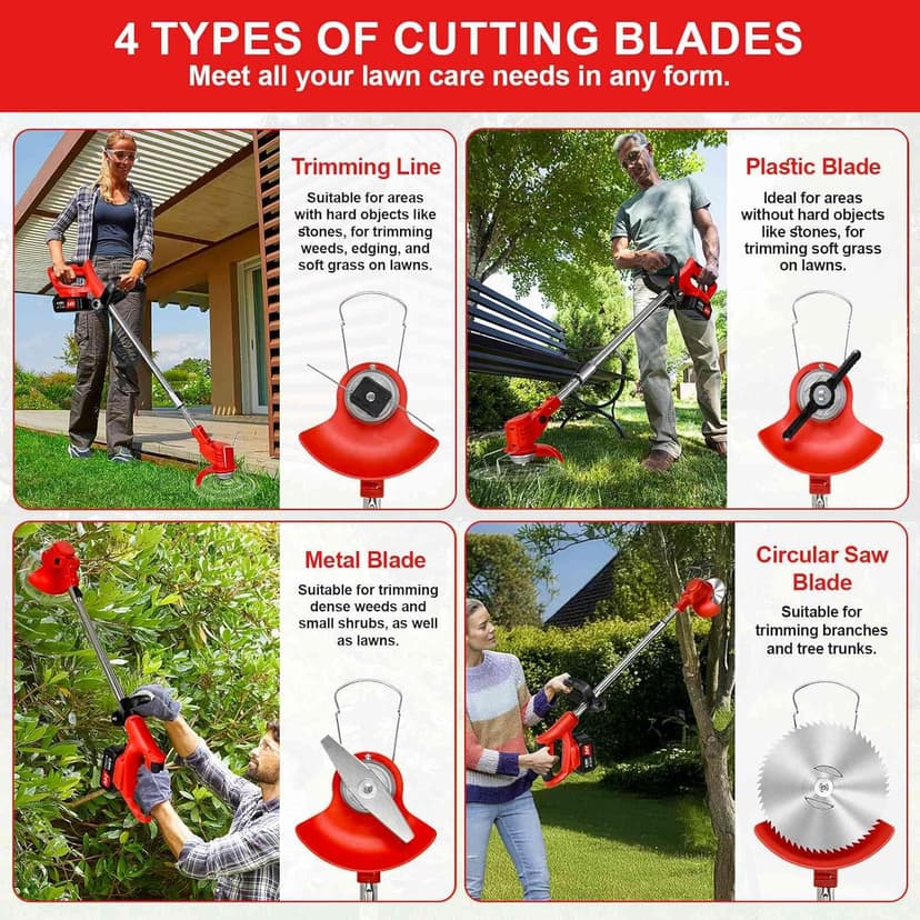 Weed Wacker Cordless,24v Electric Weed Eater Battery Powered,3 in 1 Lightweight Grass Trimmer with 2 4.0 Ah Batteries & Charger,Height Adjustable Wheeled Brush Cutte for Lawn Care,Garden,Yard (red)