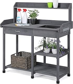 Yaheetech Outdoor Potting Bench Table Potters Benches Garden Workstation for Horticulture with Drawer/Adjustable Shelf Rack/Removable Sink/Hooks/Pads, Gray