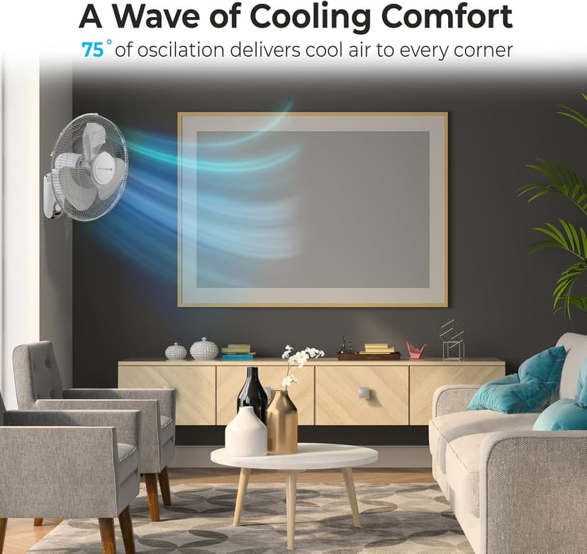 Comfort Zone 16" Quiet 3-Speed Wall Mount Fan with Remote Control, Timer and Adjustable Tilt, Ideal for Home, Bedroom, Gym & Office, CZ16WR