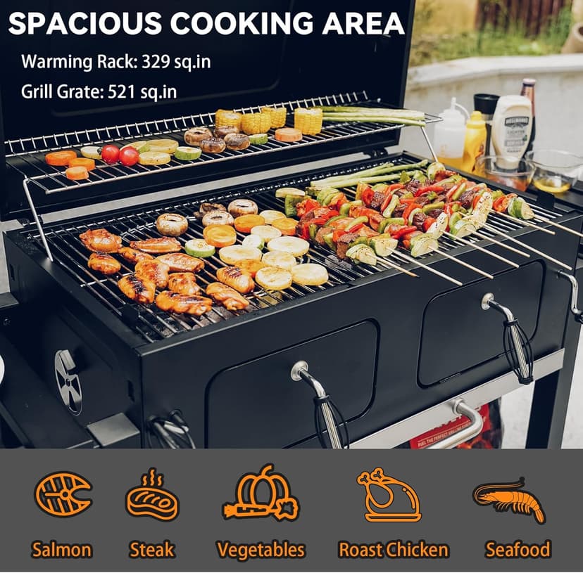 Onlyfire Extra Large BBQ Charcoal Grill with Versatile Cooking Grate and Warming Rack, Outdoor Barbecue Stove with Dual-Zone Adjustable Charcoal Tray, Grill Cover Included, Black GS339