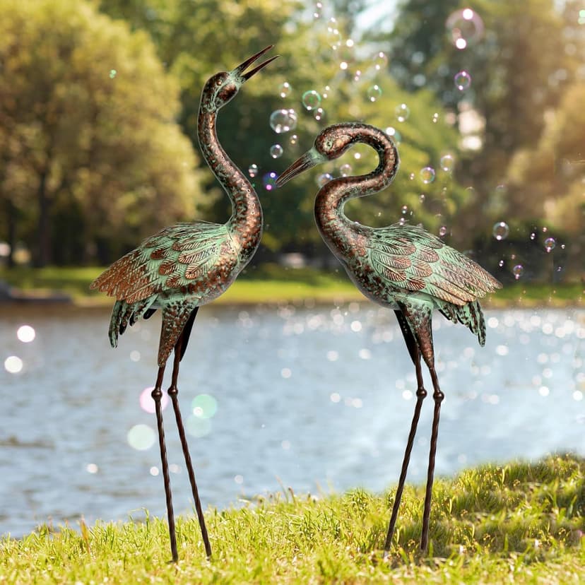 Shorayn Garden Crane Statues, Blue Heron Sculptures for Outdoor, Cranes Decor Metal Bird, Patina Garden Art Lawn Ornaments for Yard Patio Porch Outside Decorations