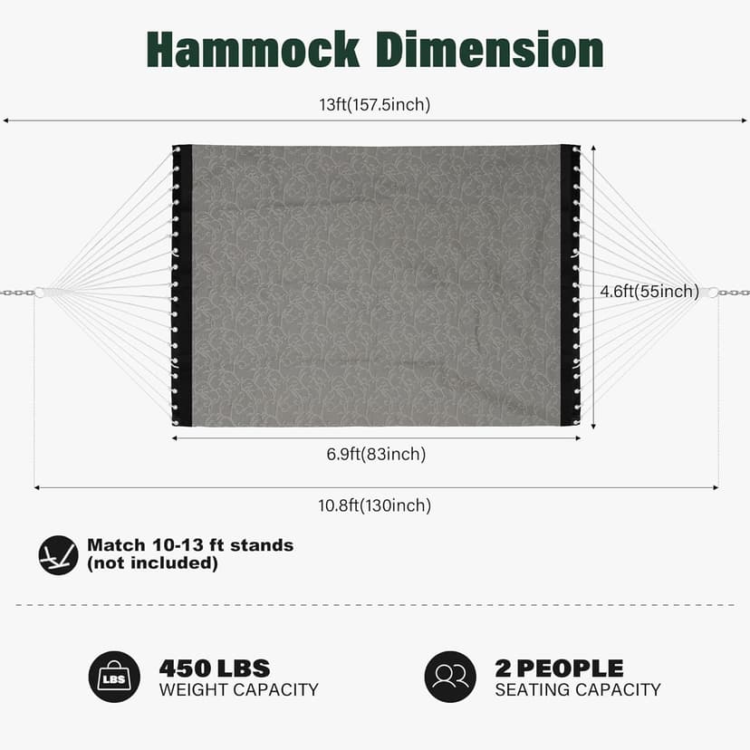 Patio Watcher 13 FT Quick Dry Textilene Hammock - Outdoor Double Hammock - Heavy Duty for Outside - 450 lbs Capacity - Mocha