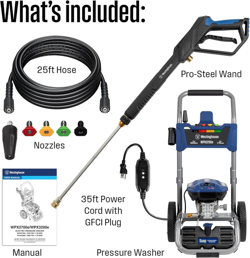 Westinghouse WPX3200e Electric Pressure Washer, 3200 PSI and 1.76 Max GPM, Induction Motor, Onboard Soap Tank, Spray Gun and Wand, 5 Nozzle Set, for Cars/Fences/Driveways/Homes/Patios/Furniture, Blue