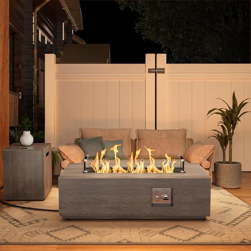 42" Rectangular Propane Fire Pit – 50,000 BTU Fire Table with Wind Guard Glass, Lid, Rocks and Cover – Backyard Fire Pits Outdoor – Propane Gas Fireplace for Deck or Patio (Grey, 42" Standard)