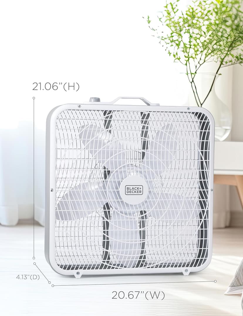 BLACK+DECKER Box Fan with 3 Speed Settings, 20” Box Fan with Carrying Handle, Rotary Knob and Recessed Cord Storage, Portable Fan and Cooling Fan for Home, Office, Garage, Basement & More