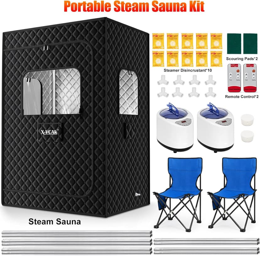 2 Person Sauna, Extra Large Sauna Box, Portable Steam Sauna Tent with 2 Steamers, 2 Folding Chair, 71”x 49”x 36”, Black