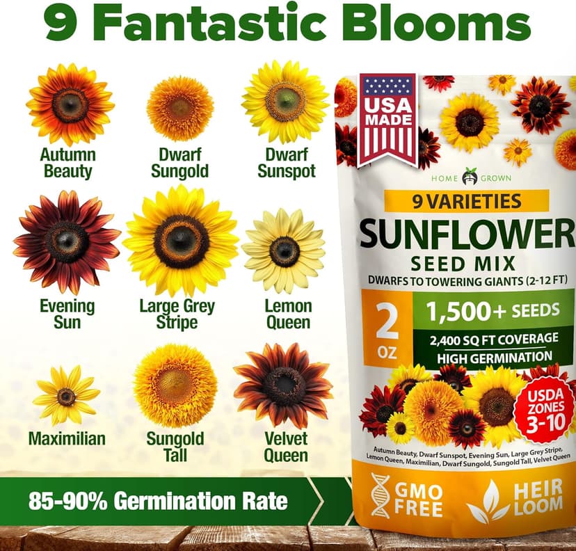 HOME GROWN Sunflower Seeds Mix Pack 1,500+ Colorful Varieties of Sunflower Seeds to Plant - 2-10ft Tall Plants, Pollinator Friendly 𝗡𝗢𝗡-𝗚𝗠𝗢 𝗨𝗦𝗔 – Easy to Grow, High Germination
