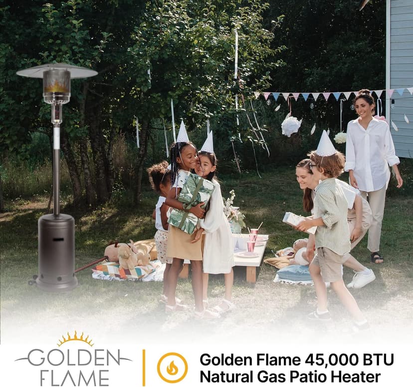 Outdoor Natural Gas Patio Heater, 45,000 BTU, XL-Series, Propane Heater, Anti-Tilt Safety Shut-Off, Portable Heater, Includes Drink Table & Wheels, Residential & Commercial Matte Mocha 89" Tall