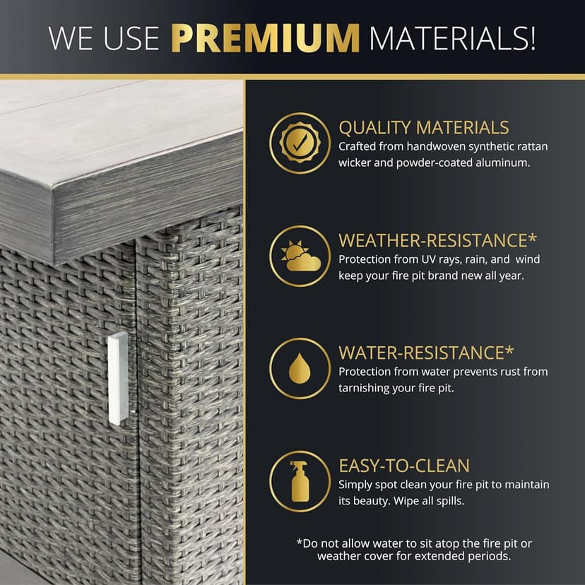 Kinger Home Novi Rattan 52-Inch Propane Gas Fire Pit Table with Rectangular Aluminum Frame - CSA Certified, 50,000 BTU Outdoor Patio Firepit, Includes Wind Guard and Fire Glass, Grey