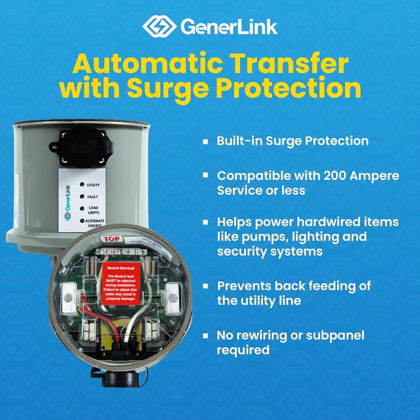 GenerLink Automatic Transfer Switch for Home Generator w/Surge Protection - Meter Mounted Transfer Switch for Portable Generators - Outdoor & Home - Fast and Easy Installation - 40AMP