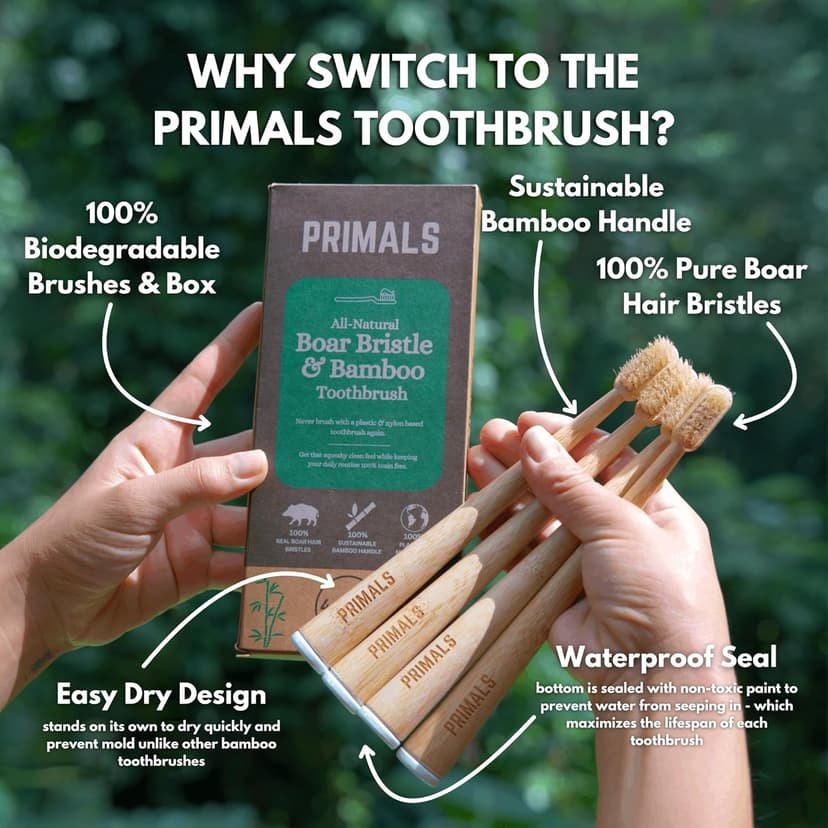 PRIMALS Boar Bristle & Bamboo Toothbrush (4-Pack) - Premium Boar Bristles - Fully Biodegradable - Plastic & Nylon Free - Quick Dry Design