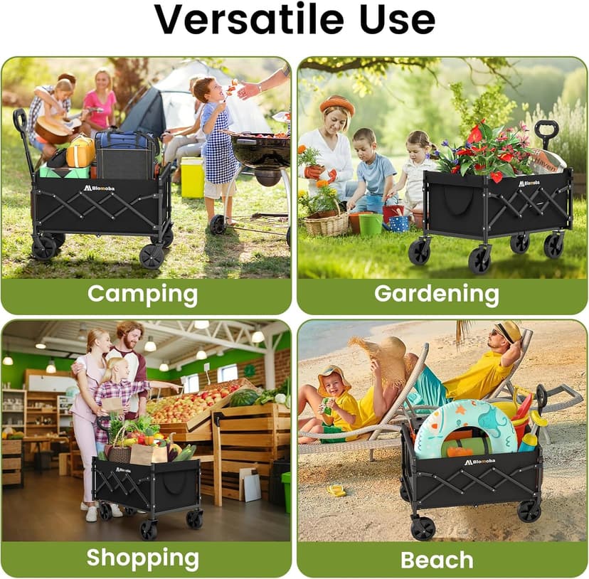 Collapsible Wagon with Wheels, 220 lbs Wagons Carts Foldable Wagon Cart with Flexible Handle, Lightweight Portable Folding Utility Grocery Shopping Cart for Grocery Sports Garden Camping