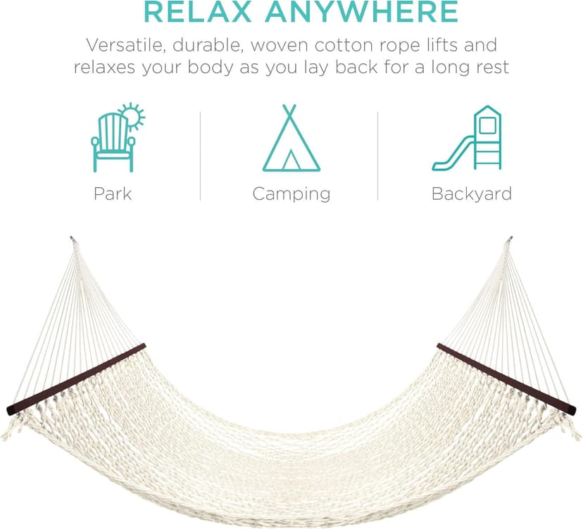 Best Choice Products 2-Person Double Hammock, Outdoor Woven Cotton Rope Hammocks for Backyard, Patio w/Spreader Bars, Carrying Case, 450lb Weight Capacity