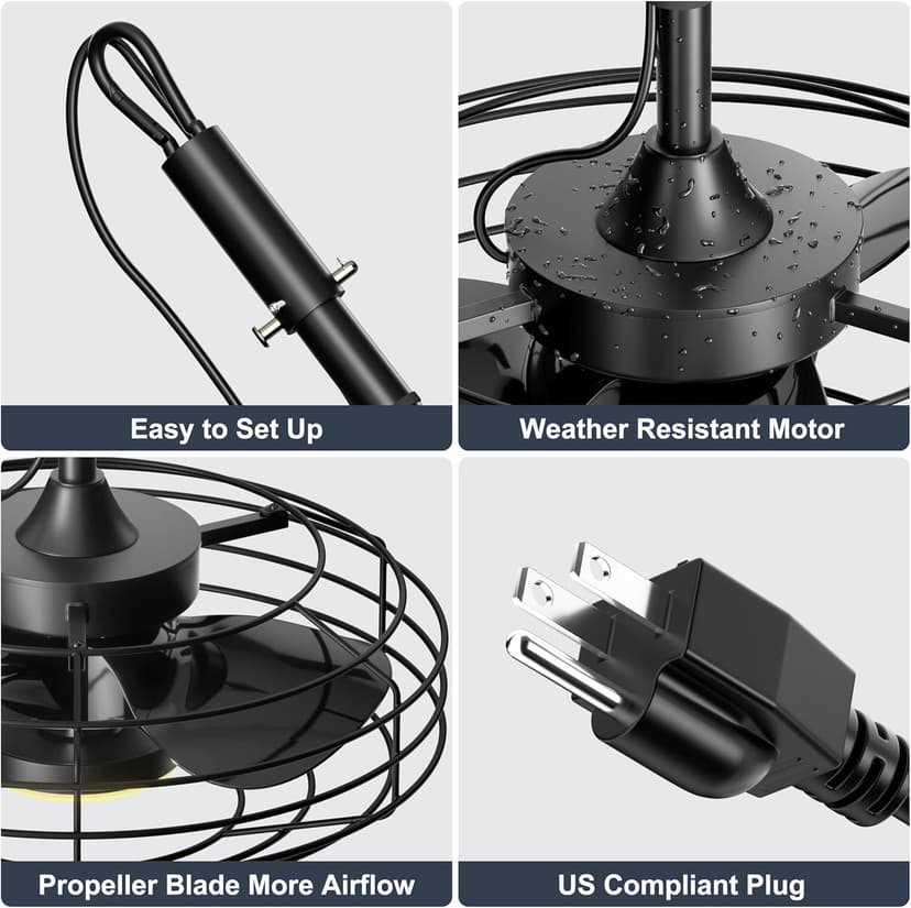 Outdoor Ceiling Fans with Light for Patios, 20'' Wet Rated Gazebo Fan Remote&APP Control, Dimmable Hanging Fan with Plug in Cord for Pergola, Black