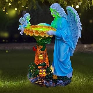 Solar Angel Outdoor Decor with Color Changing Light Sunflower Statue Waterproof Sculpture Lawn Ornament Yard Art for Patio Lawn Housewarming Garden Gift