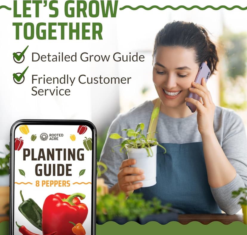 Rooted Acre 8 Varieties Hot Peppers – 240 Heirloom Seeds, 𝗡𝗢𝗡-𝗚𝗠𝗢 𝗨𝗦𝗔-𝗦𝗢𝗨𝗥𝗖𝗘𝗗, High Germination – Includes Ghost, Jalapeño, Serrano, California Wonder & More – Spicy Pepper Garden Mix