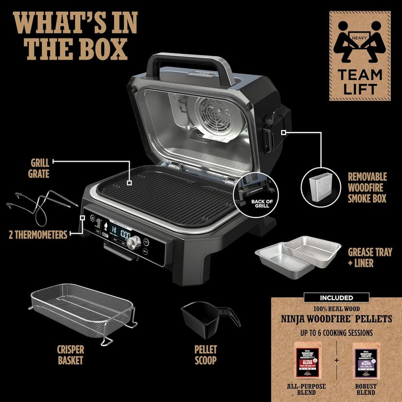 Ninja OG951 Woodfire Pro Connect Premium XL Outdoor Grill & Smoker, Bluetooth, App Enabled, 7-in-1 Master Grill, BBQ Smoker, Outdoor Air Fryer, Woodfire Technology, 2 Built-In Thermometers, Black