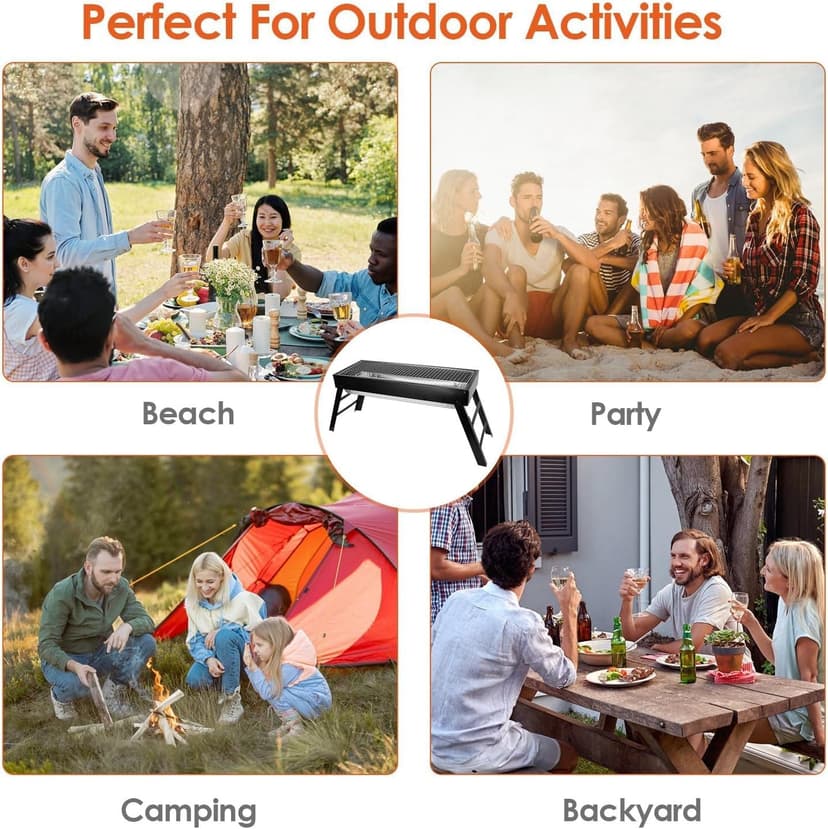 Portable Charcoal Grill, Portable Tabletop BBQ for Outdoor Cooking | Compact Folding Grill for Camping, Hiking, Picnics & Travel | 24”x13”x9” Lightweight Smoky Flavor