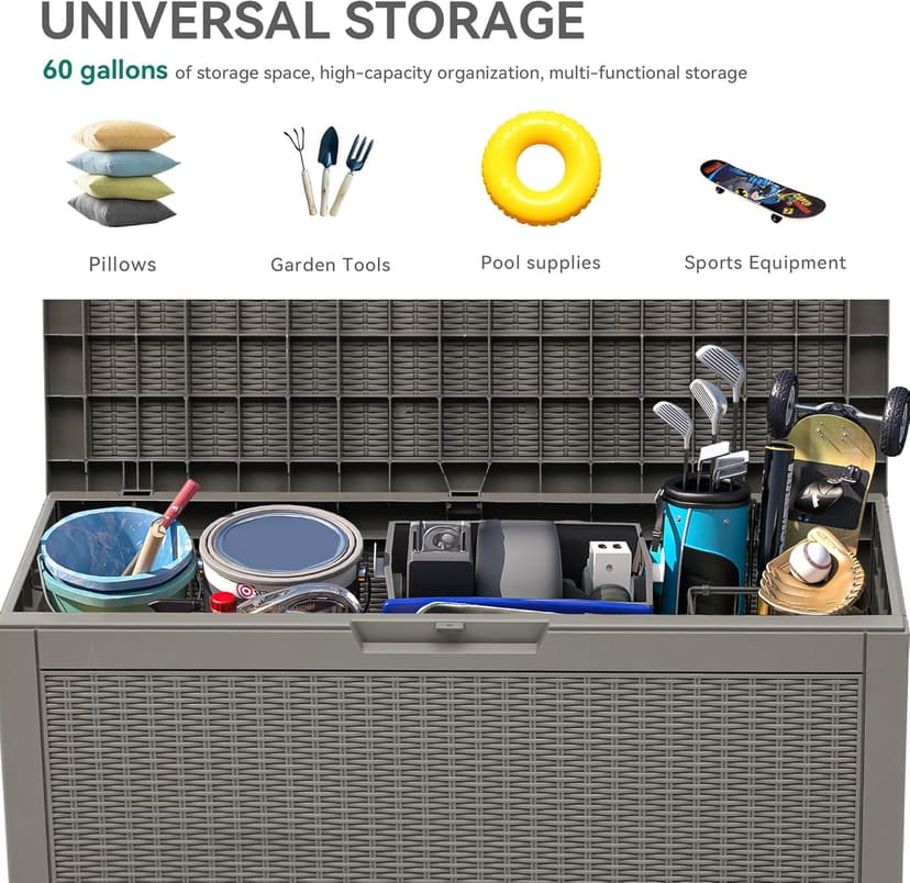 YITAHOME 60 Gallon Resin Deck Box, Weather Resistant Outdoor Rattan Storage Box, Lockable Indoor Outdoor Storage for Supplies and Essentials, Taupe