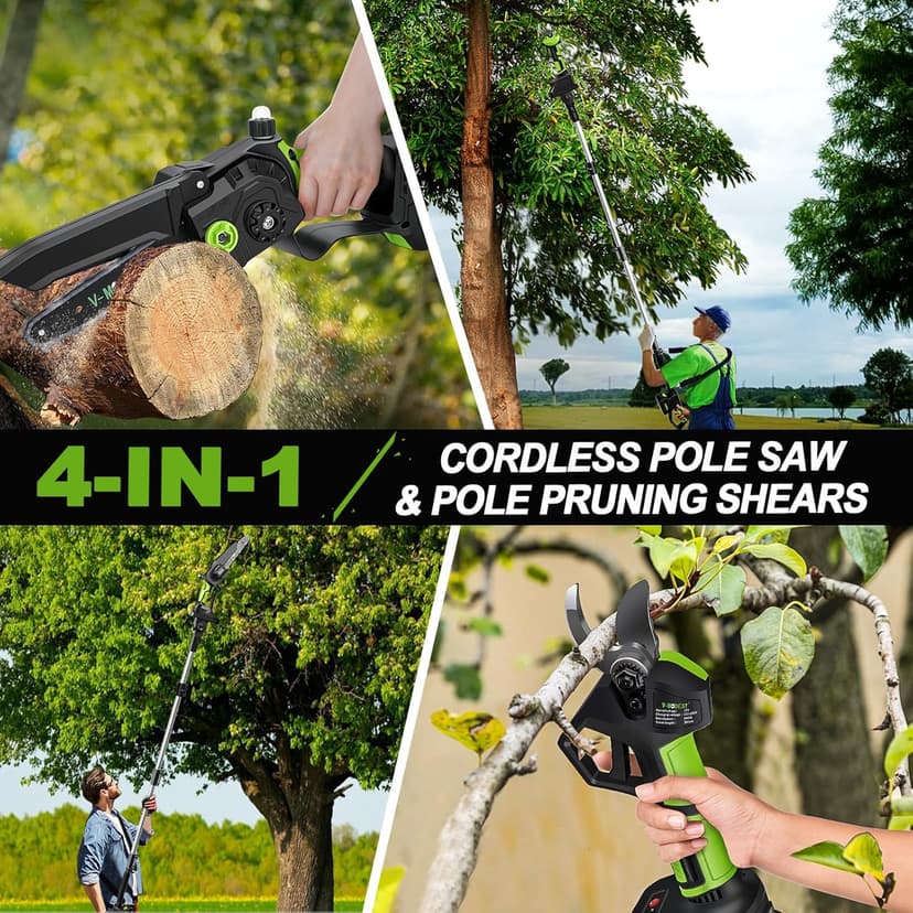 4-in-1 Pole Saw & Electric Pruning Shears, 8 Inch Pole Saws for Tree Trimming, Cordless Pruning Shears with 15ft Max Extension Pole, 2 * 4.0Ah Battery Powered Pole Saw Pole Pruner for Garden