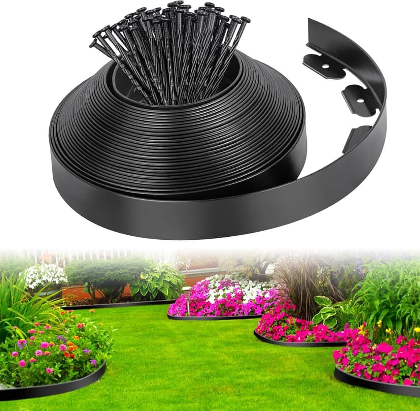 2Inch x 33FT Landscape Edging Border with 50 Spikes, No Dig Garden Edging Border Lawn Edging, Plastic Edging for Landscaping Flower Beds Yard Pathway Paver Edging (Black)