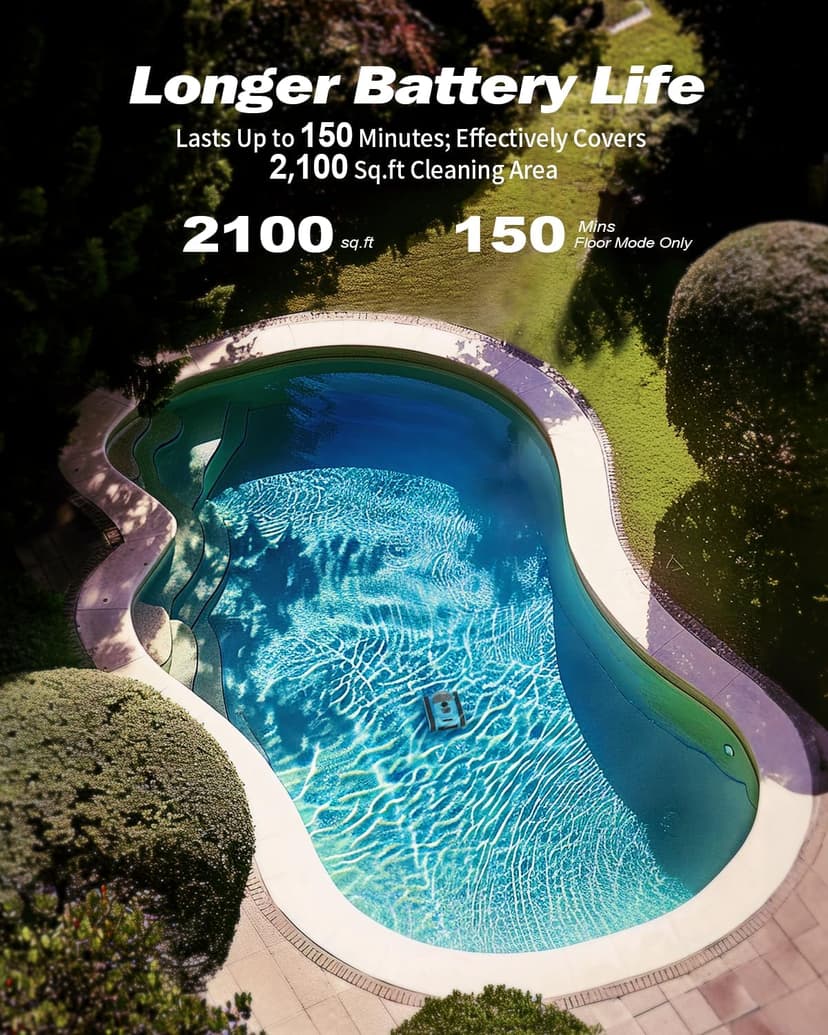 2025 Upgraded HISION Cordless Robotic Pool Cleaner with Wall-Climbing & Waterline Cleaning, 180W Brushless Motor Powerful Suction, 150-Min Runtime for In-Ground & Above Ground Pools up to 2000 Sq.Ft