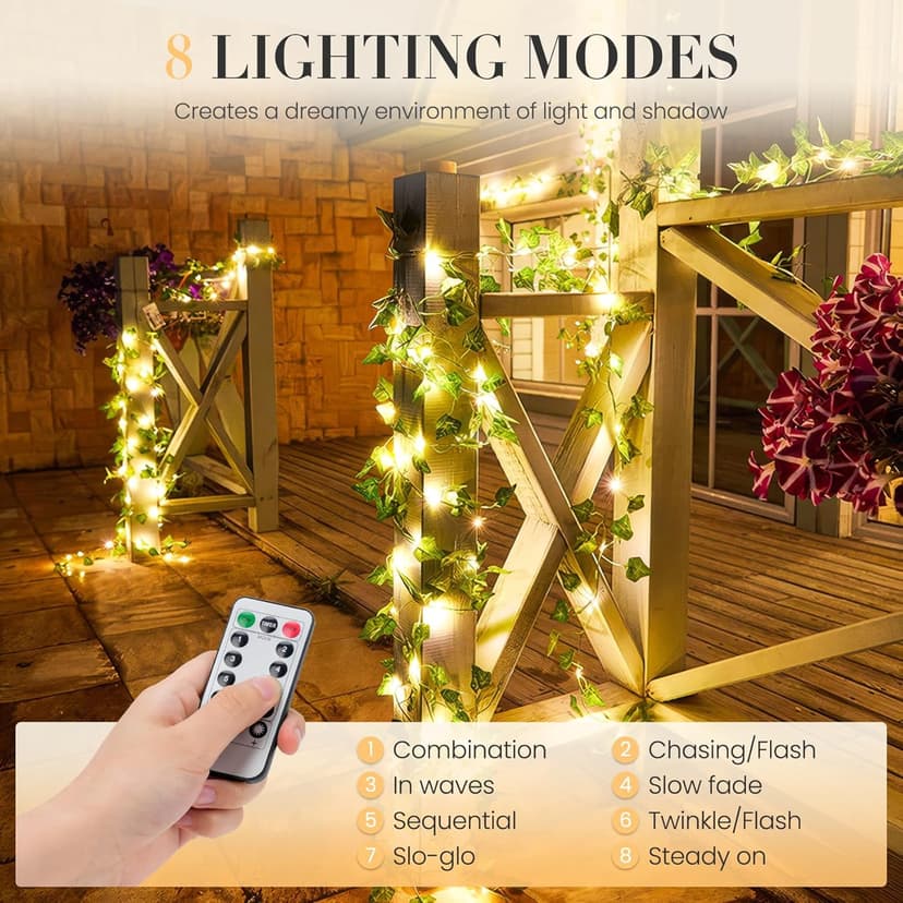KASZOO 33ft 100 LED Vine with Fairy Lights with Remote, Fake Vines String Lights Battery/USB Operated, Ivy Garland, Leaf Lights for Bedroom Garden Party Wall Room Decor