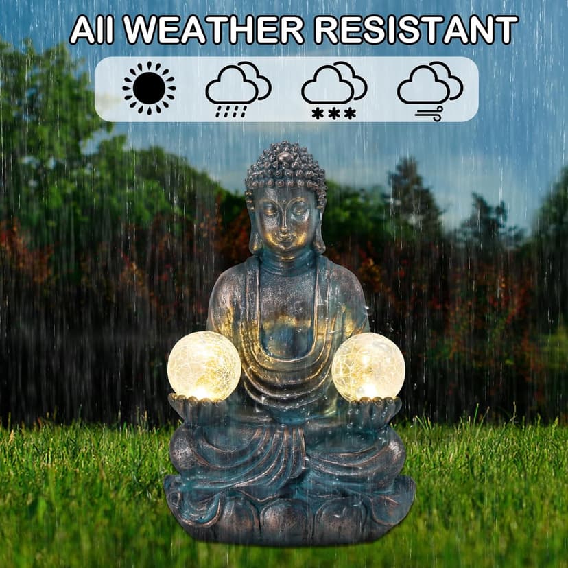 Afirst Meditating Buddha Garden Statues Solar Buddha Sculpture Decor with Glass Balls Zen Meditation for Home Garden Yard Patio Indoor Outdoor Ornaments