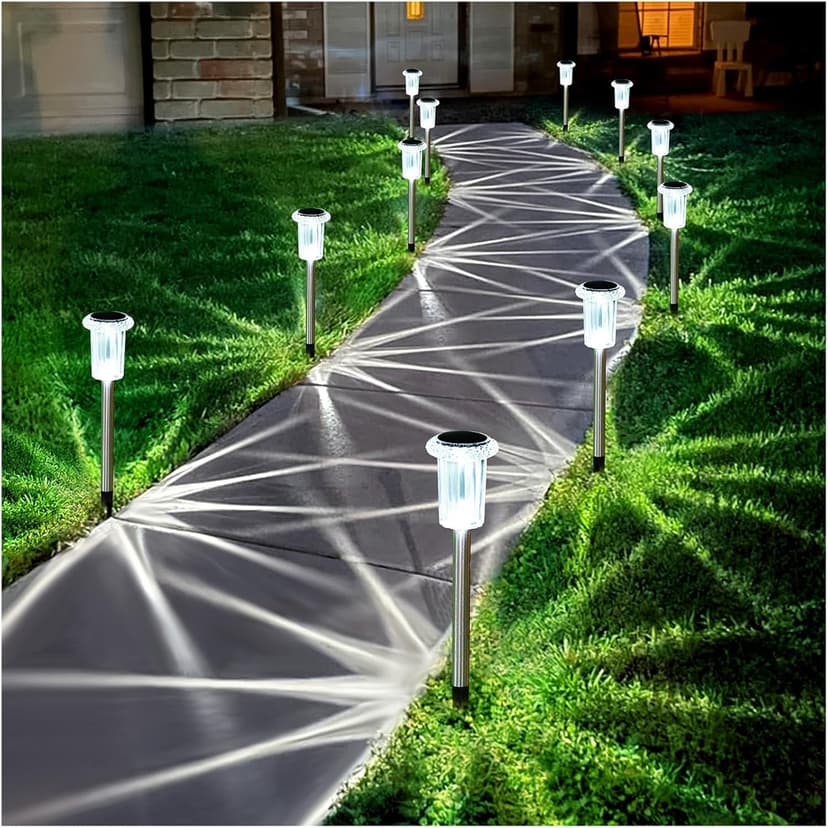 Solar Pathway Lights 10 Pack Solar Outdoor Lights, Led Waterproof Yard Walkway Lighting Stainless Steel Garden Stake for Outside, Path, Landscape, Lawn, Driveway, Backyard(Cold White)