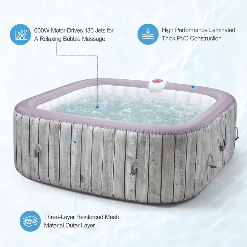 Inflatable Spa Set, Blow Up Hot Tub Outdoor for 4-6 Person, Outdoor Bubble Massage Portable Hot Tub with 130 Soothing Jets, Built in Heater Pump and 6 Filter Cartridges (Square)
