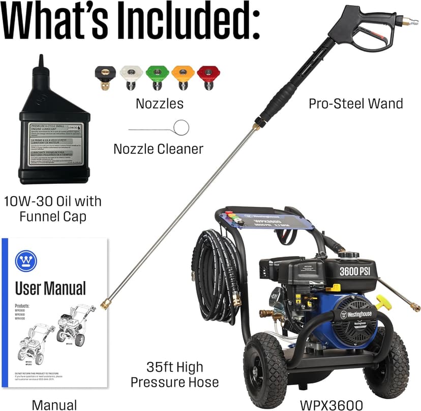 Westinghouse WPX3600 Gas Pressure Washer, 3600 PSI and 2.7 Max GPM, Onboard Soap Tank, Spray Gun and Wand, 5 Nozzle Set, for Cars/Fences/Driveways/Homes/Patios/Furniture