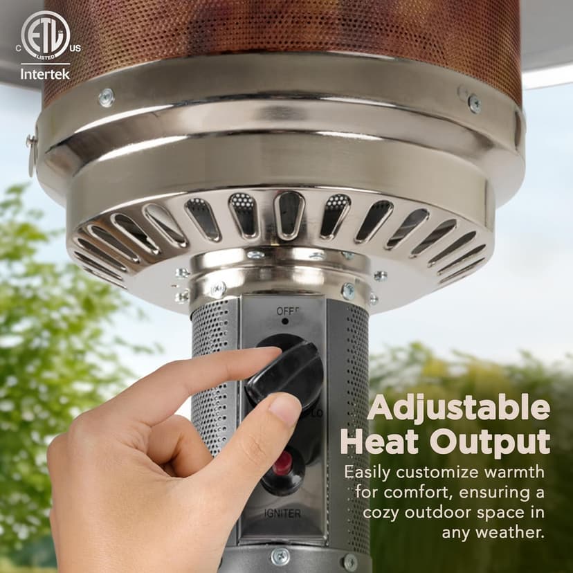 Amazon Basics 46,000 BTU Outdoor Propane Patio Heater with Wheels, Commercial & Residential, Slate Gray, with water tank, 32.1 x 32.1 x 91.3 inches (LxWxH)