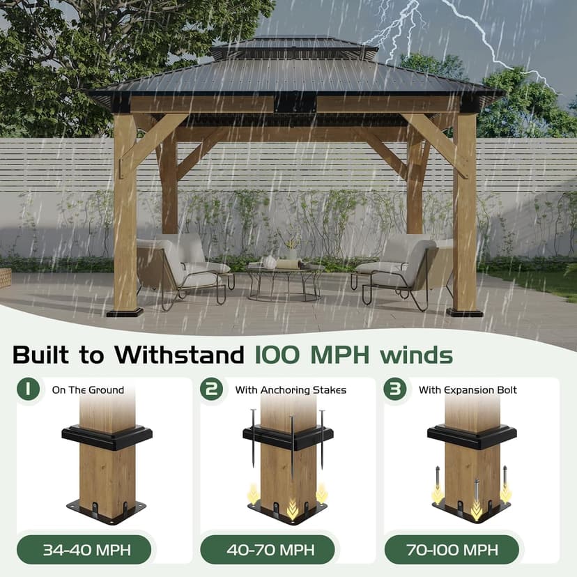 AMERLIFE 10x12 Solid Wood Gazebo, Hardtop Gazebo with Solid Spruce Frame and Aluminum Double Roof, Outdoor Pergola for Parties, Backyard, Patio, Lawns, Black + Natura Wood