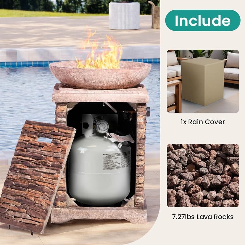 SUNBURY Outdoor Propane Fire Pit, Gas Fire Pit for Outside Patio, Stone Outdoor Fire Table Fire Column 40,000 BTU Propane Fire Tables Firepit Table w Lava Rocks, CSA Certified, Waterproof Cover