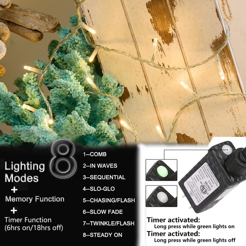 gresonic 99ft 300 LED String Lights Indoor Outdoor, Warm White Christmas Lights Clear Wire, 8 Modes Waterproof Twinkle Fairy String Lights Plug in for Tree Room Bedroom Wedding Decorations