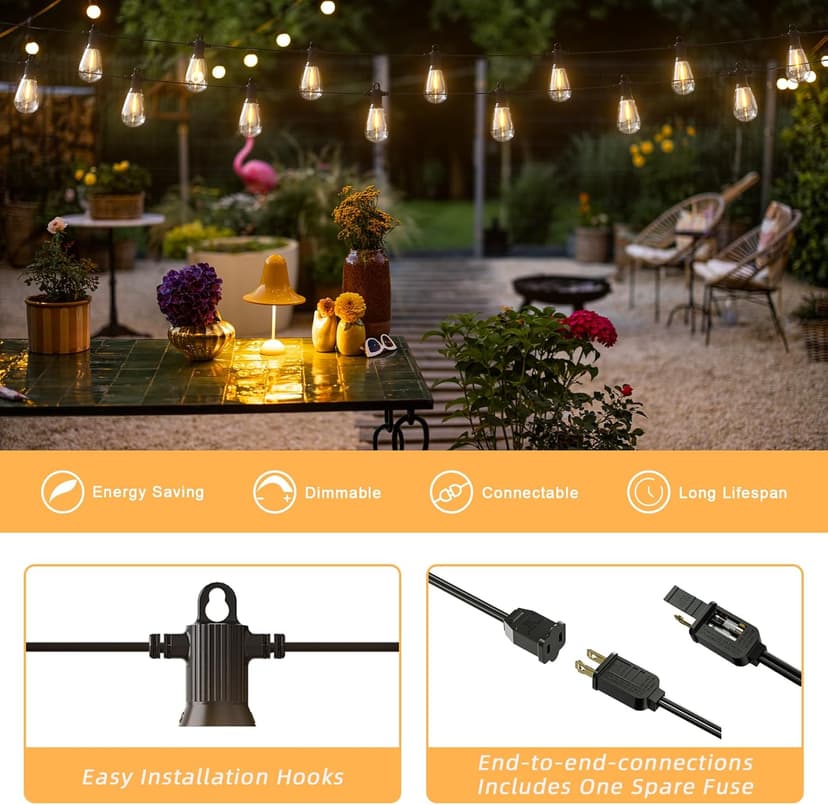 50FT LED Outdoor String Lights with 15 Shatterproof Edison Bulbs, 2700K Commercial Grade IP65 Waterproof Patio Lights, Heavy Duty Outside Hanging Lights for Backyard, Balcony, Garden, Porch