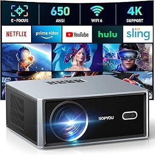 [Electric Focus/Auto Keystone] Projector with WiFi and Bluetooth, 650 ANSI Native 1080P 4K Support Outdoor Movie Projectors Max 450" Display, SOPYOU Home Theater Projector for iOS/Android/TV Stick