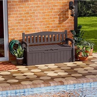 Patiowell 70 Gallon Plastic Storage Bench, Water-Resistant Deck Box for Patio Furniture, Garden Tools, Pool Storage and Outdoor Cushions, Brown