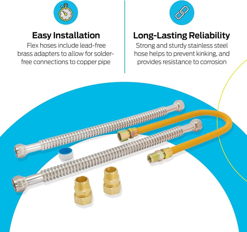Eastman Gas Water Heater Installation Kit, 18 Inch Corrugated Stainless Steel Water Heater Hoses, 24 Inch Yellow Gas Supply Connector, 48280