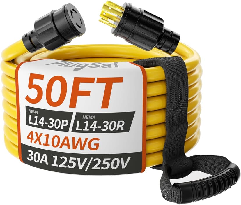 50FT 30 Amp Generator Extension Cord 4 Prong, NEMA L14-30P/L14-30R 10 Gauge STW 125/250V Twist Lock Generator Cord Heavy Duty, Yellow ETL Listed
