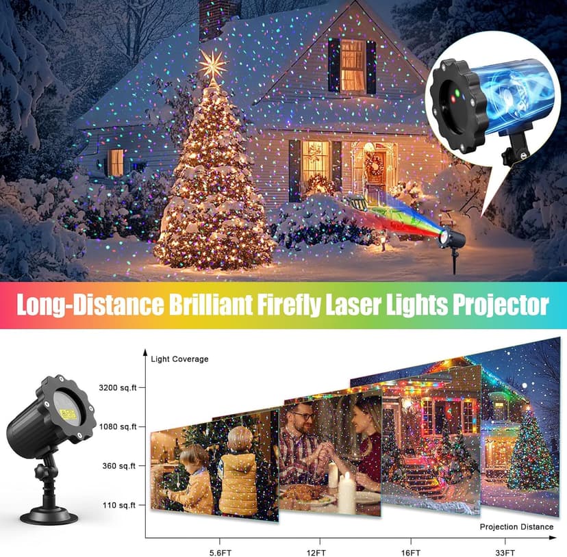 Waterproof Firefly Laser Projector Lights Outdoor,12 Effect Moving RGB Lights Show Laser Projection with RF Remote and Timer for Wedding Christmas Holiday Party Garden Landscape Decor