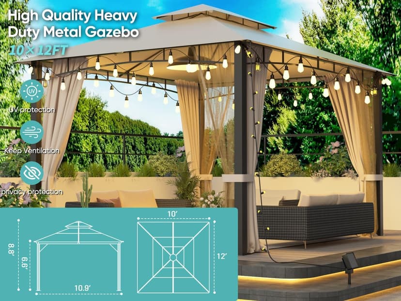 Outdoor Patio Gazebo 10x12, Heavy Duty Gazebos, Soft Top Gazebo with Metal Frame, Double Roof Canopy, Mosquito Nets & Privacy Enclosures, Permanent Pavilion for Decks & Backyards